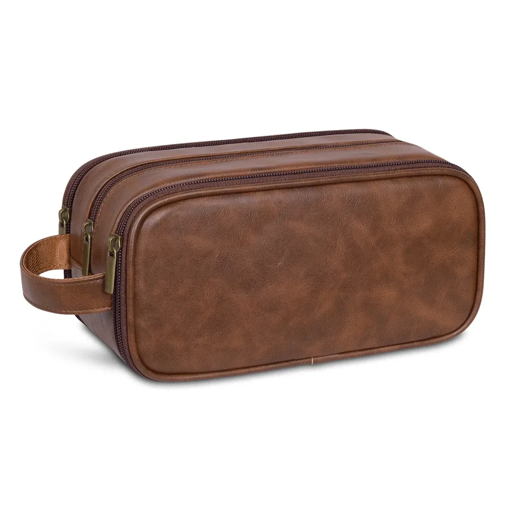 trousse de toilette de voyage pour hommes en cuir résistante à l'eau avec poignée, organisateur polyvalent pour articles de toilette, trousse de toilette personnalisable avec logo, kit dopp