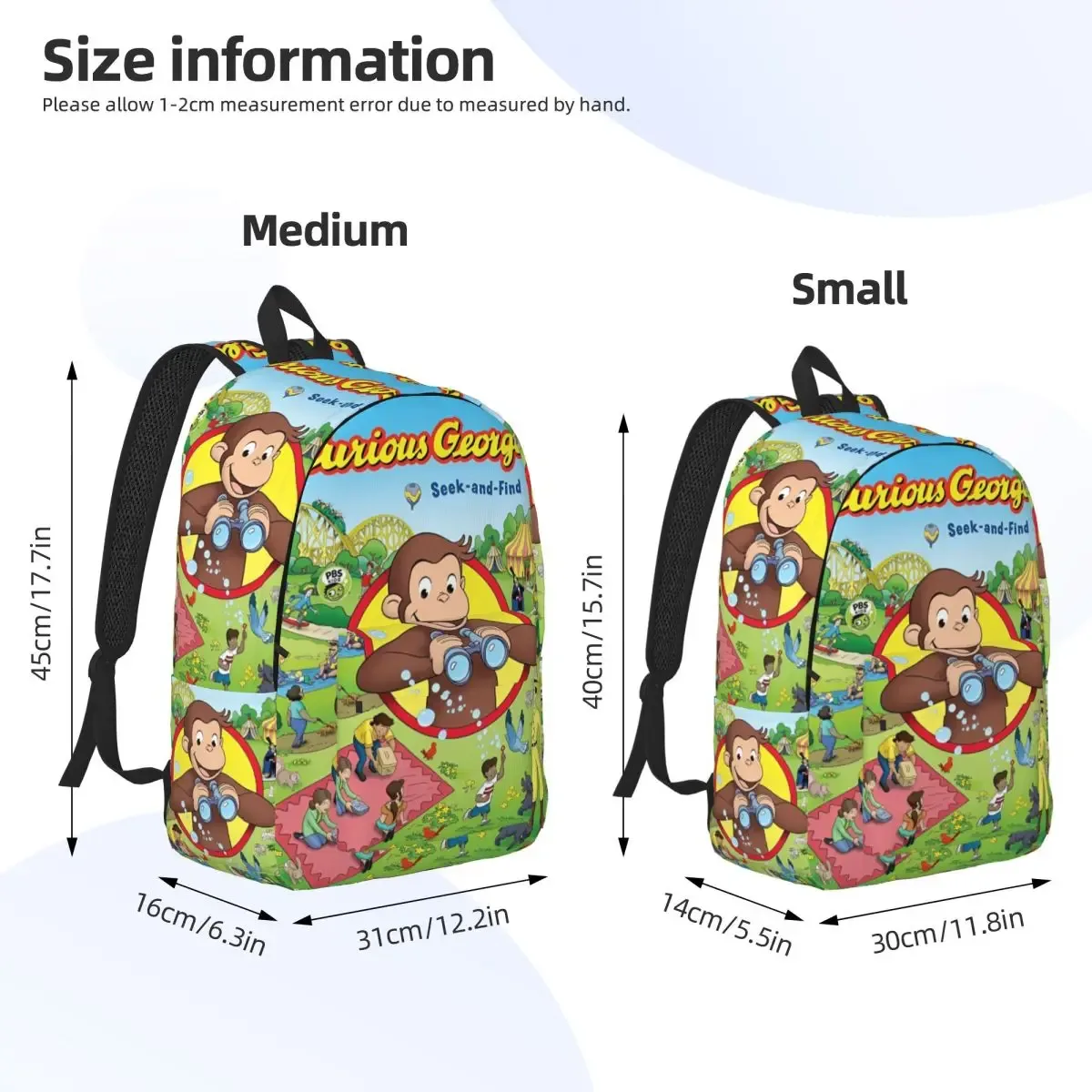 sac dos toile polyester noir motif curious george poche zip latérale compartiment intérieur usage voyage étudiant