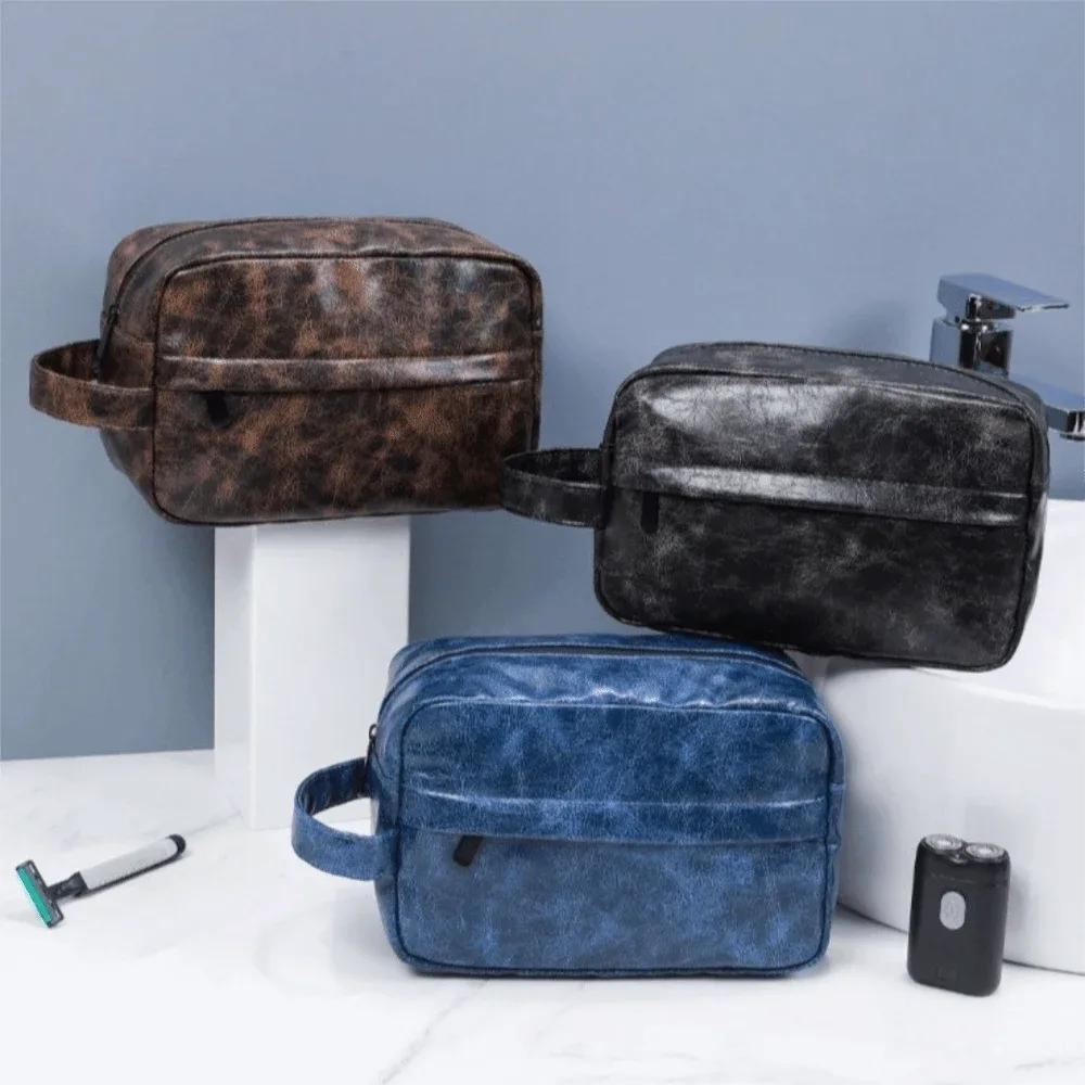 trousse de toilette imperméable pour homme en cuir pu, design portable, grande capacité, rangement simple, organisateur d'outils de rasage, voyage
