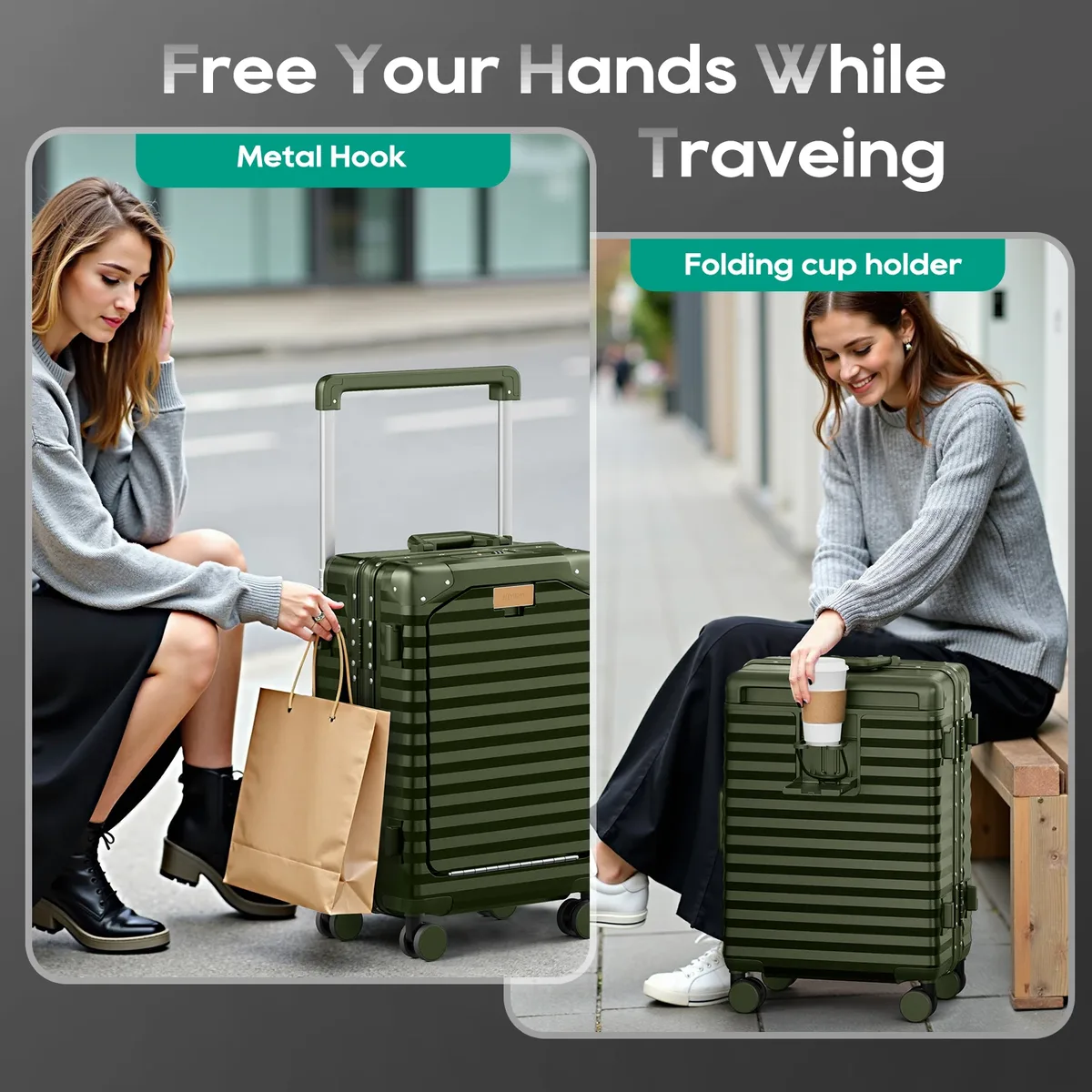 valise joyway 20 pouces en aluminium avec poche avant, port usb, porte-gobelet, serrure tsa et roulettes pivotantes