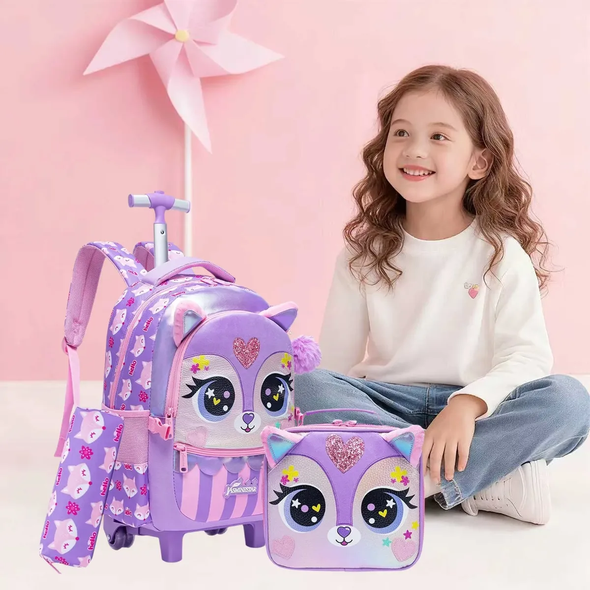 sac à dos à roulettes pour filles, ensemble de sacs d'école à roulettes, valise de voyage pour élèves du primaire, sac à dos trolley mignon avec roulettes