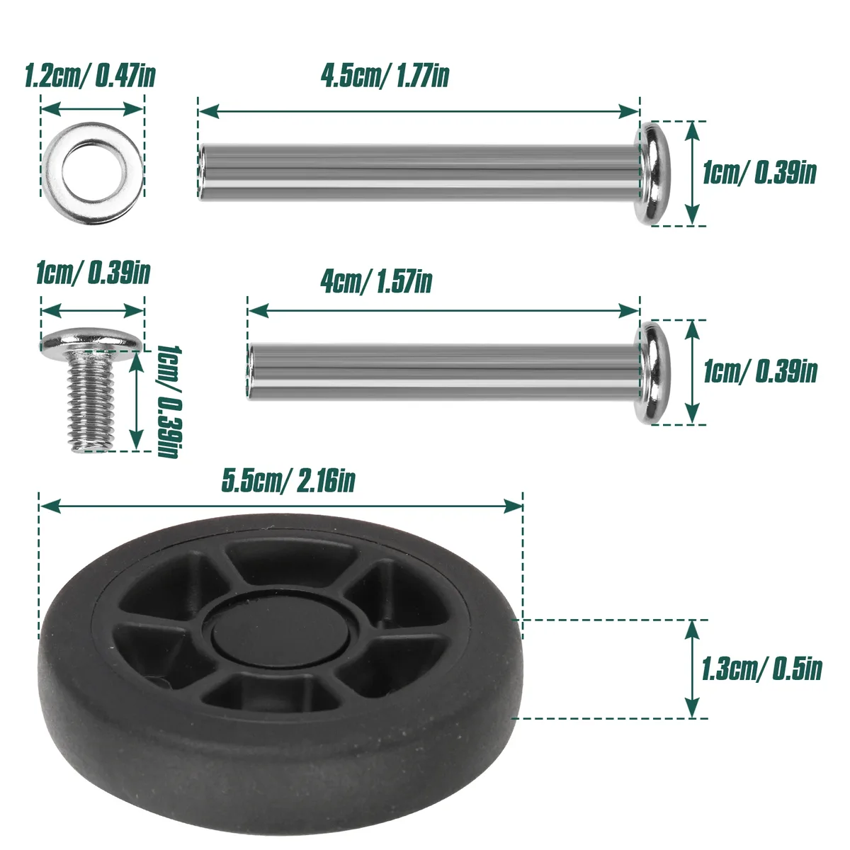 roues de remplacement noires avec vis, pour bagages de voyage, valise, essieux de 55mm, kit de réparation, roulette silays euse, bricolage, 8 pièces