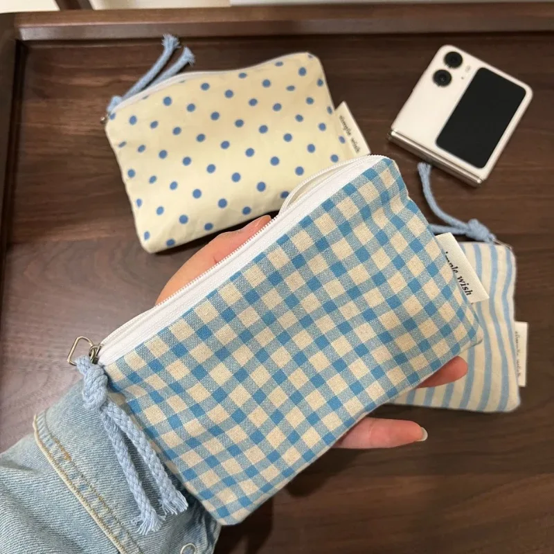sac de maquillage portable pour femmes, organiseur de cosmétiques bleu à carreaux, portefeuille mignon, mini sac de rangement pour rouge à lèvres