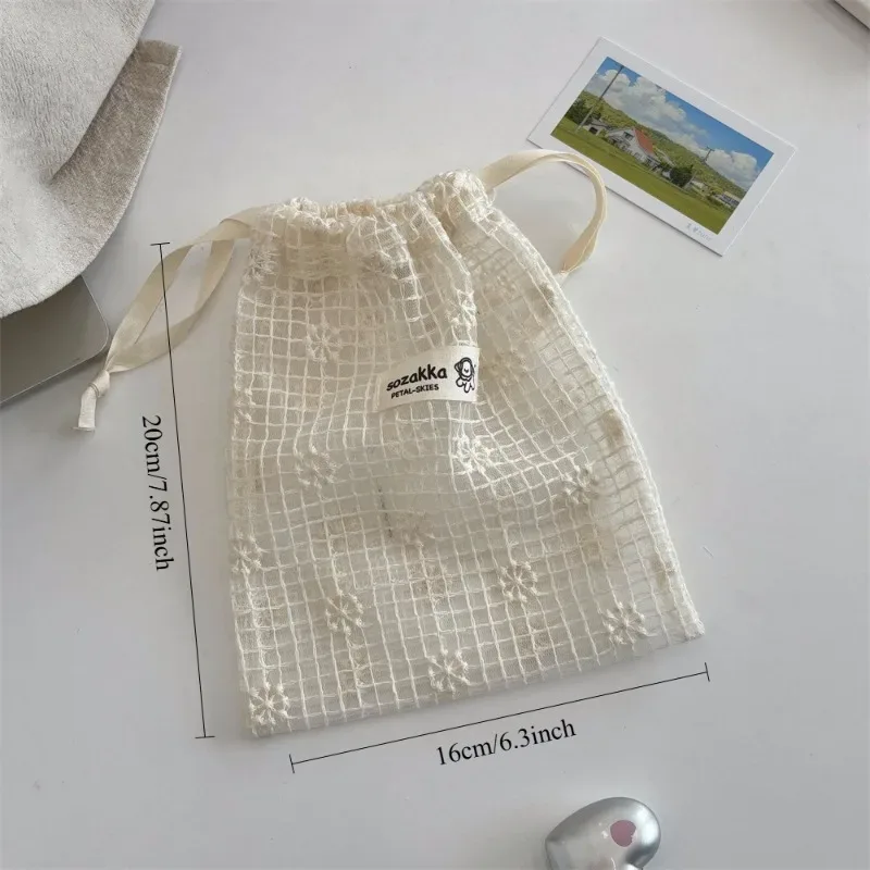 pochette de maquillage à cordon en dentelle brodée motif marguerite, sac de rangement en maille, mignon, pour l'été, voyage, cosmétiques, articles de toilette, soins de la peau, organisateur, emballage
