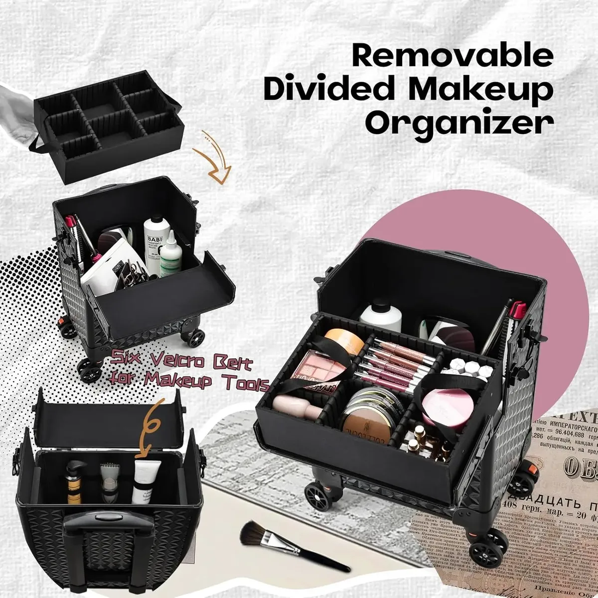 trousse de maquillage professionnelle sur roulettes, trousse à cosmétiques extra large, trousse de maquillage roulante, organisateur de maquillage avec roulettes