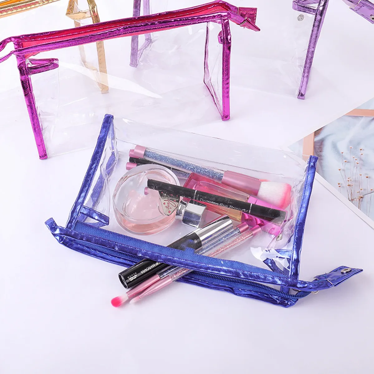 sac de maquillage à main transparent, 1 pièce, sac de rangement à la mode pour femmes, trousse de toilette de voyage, chignon officiel