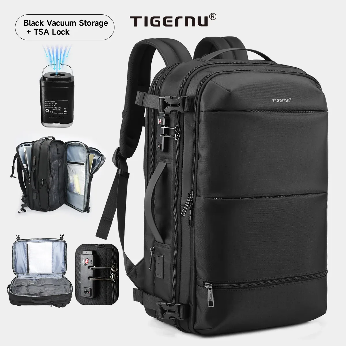 sac à dos de compression sous vide tigernu pour hommes, sac à dos de voyage extensible avec port usb, grande capacité, sac pour ordinateur portable 17 pouces, sacs de cabine pour l'école