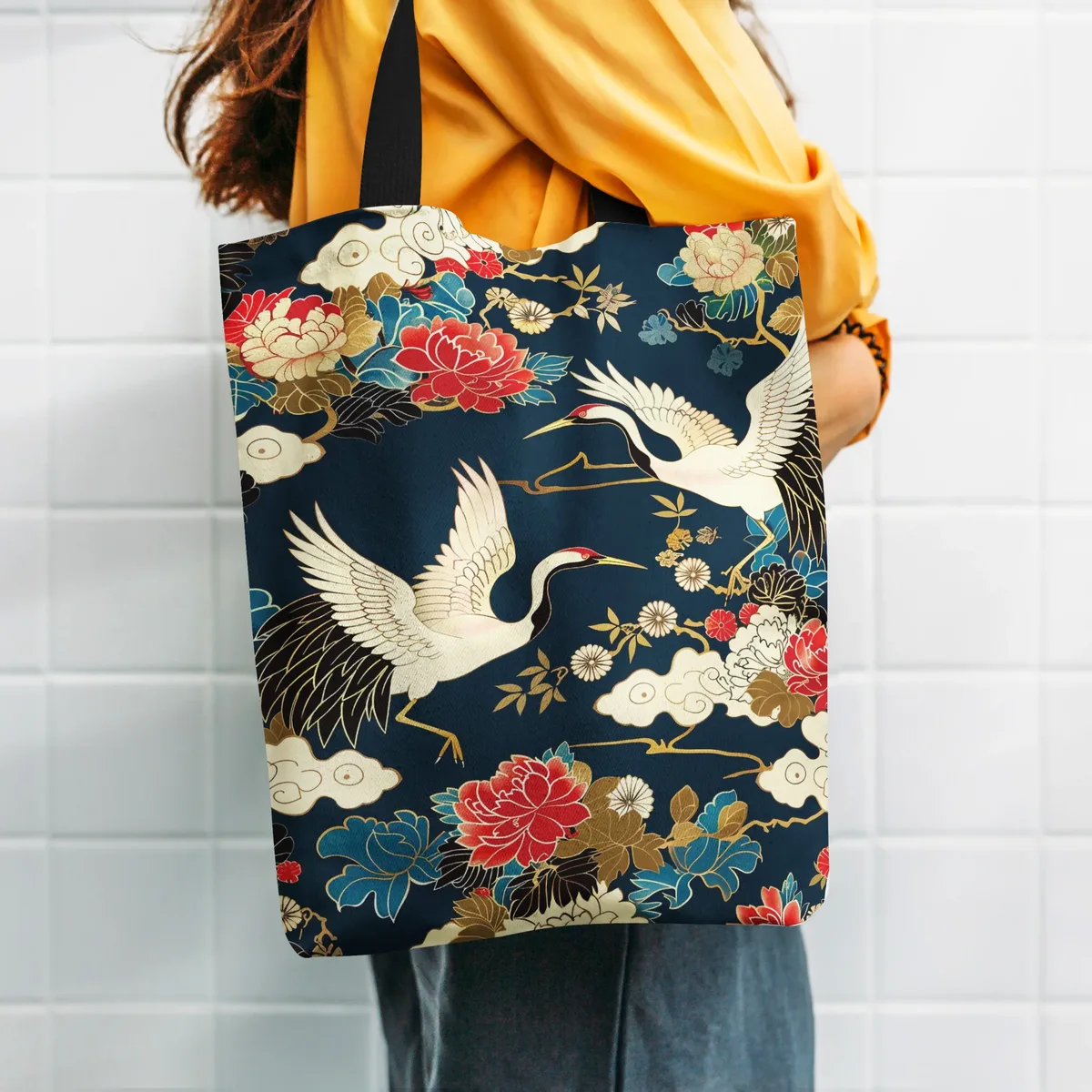 Sac fourre-tout d'inspiration japonaise avec grue et imprimé floral, sans fermeture, sans doublure, sac de courses durable et réutilisable