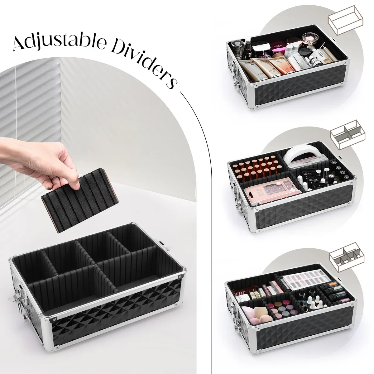 valise de rangement roulante à 4 plateaux avec poignée télescopique, valise de maquillage 3-en-1 à cadre en aluminium, mallette de maquillage sur roulettes, chariot de maquillage portable, valise de barbier, organisateur d'outils professionnels pour vernis à ongles, valise de rangement