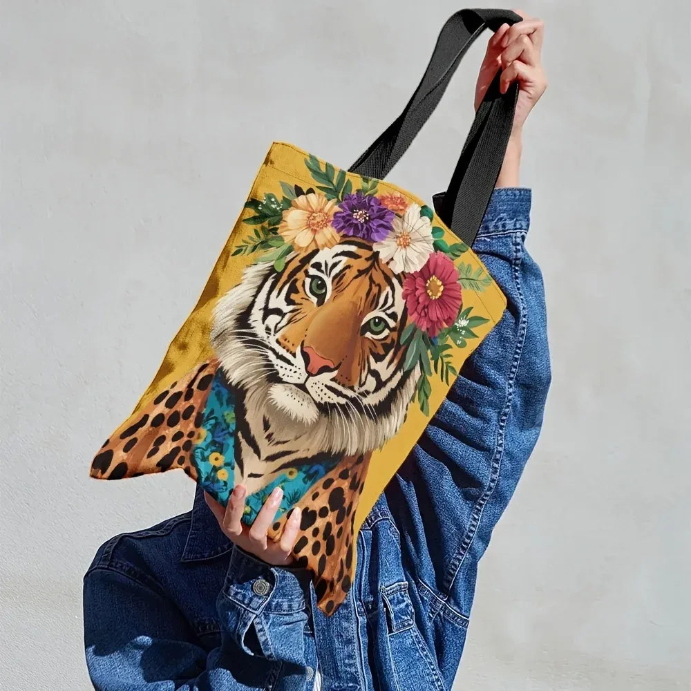 sac fourre-tout élégant à imprimé tigre et léopard avec motif couronne florale vibrante, idéal pour le shopping, les trajets quotidiens et les cadeaux de fêtes