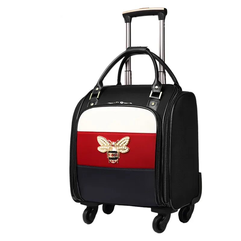 sac voyage toile motif couleur noire blanche rouge bleu abeille rétro compact elégant roulettes toupie poignées latérales supérieure
