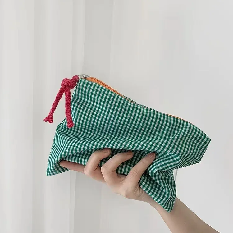 pochette de maquillage en nylon à carreaux, élégante et portable, organiseur extérieur pour câbles, articles divers, pochette de rangement cosmétique