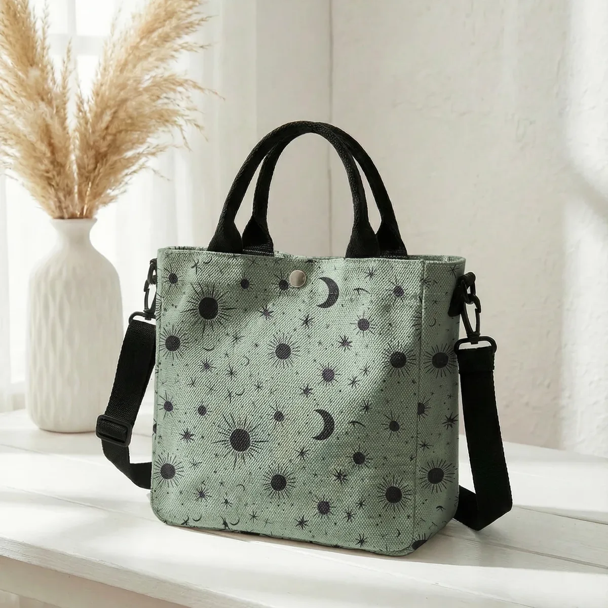 sac fourre-tout violet imprimé soleil, lune et étoiles, avec bandoulière amovible, sac à main pour femme, pour les courses quotidiennes