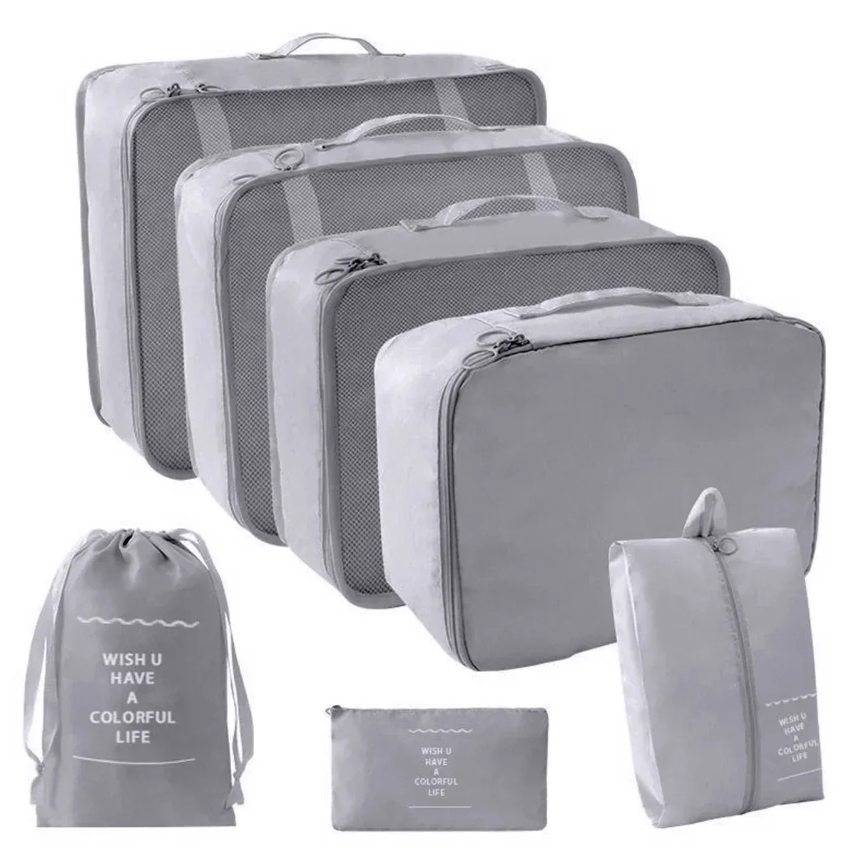 organisateur voyage polyester gris beige poches zippées compartiments petite taille grande taille compression sac valise accessoires vêtements rangement pratique fonctionnel