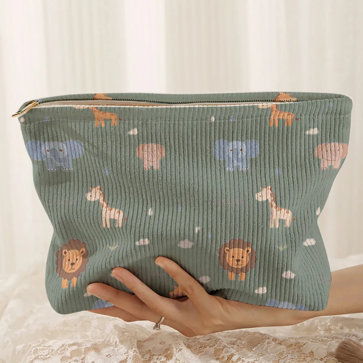 1. trousse de maquillage en velours côtelé à motifs animaliers, boîte de rangement légère à fermeture éclair, sac multifonctionnel avec doublure