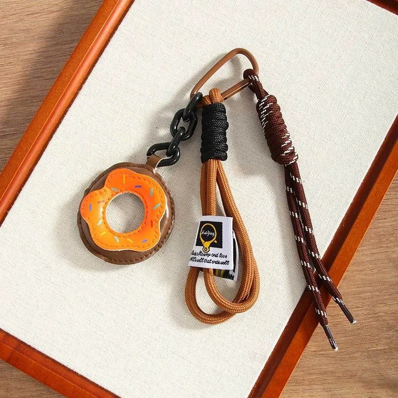 porte-clés créatif en cuir pu en forme de donut, pendentif de sac en corde tressée mignon, accessoires de décoration de sac à dos coréen simple et tendance, cadeau