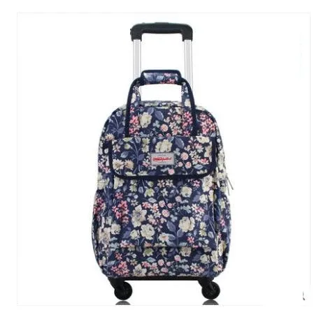 sac dos oxford université motif floral roses rouges fond bleu nuit toupie roulettes transport voyage femmes