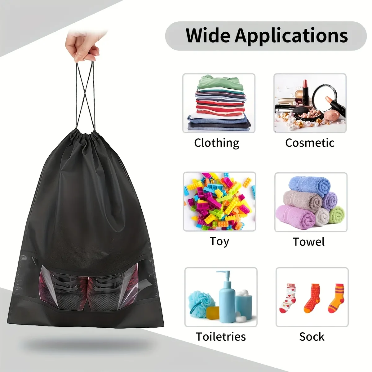 organisateur voyage tissu non tissé sacs rangement noir poches transparentes corde serrage chaussures compression usage travail stockage