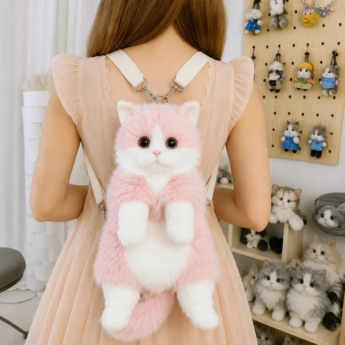 sac à dos en peluche chat mignon pour filles, sac animal kawaii 14 pouces, sac à bandoulière chaton doux pour tenues de tous les jours et cadeaux