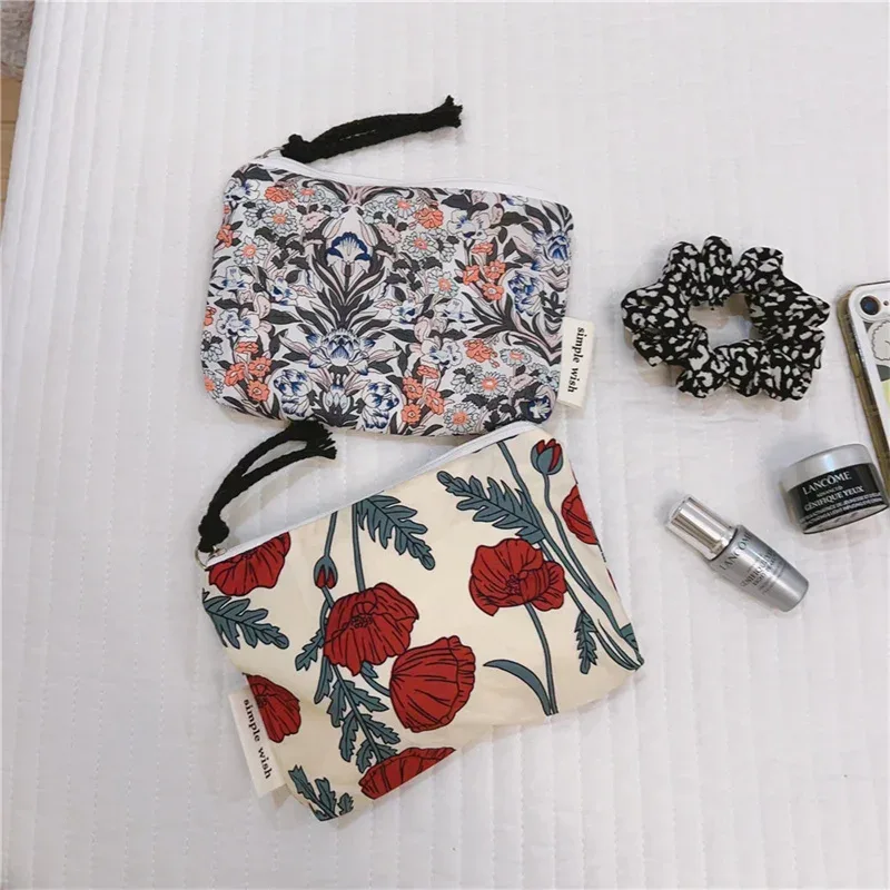 porte-monnaie en coton imprimé floral frais d'été, mini sac de rangement en tissu, petit sac pour écouteurs, pochette de voyage pour cosmétiques, sac de rangement pour maquillage