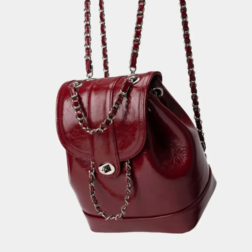 mini sac à bandoulière en cuir ciré à l'huile avec chaînes pour femmes, sac à dos noir, sac à dos étudiant, voyage, corée, automne, hiver, sr 600, po pack