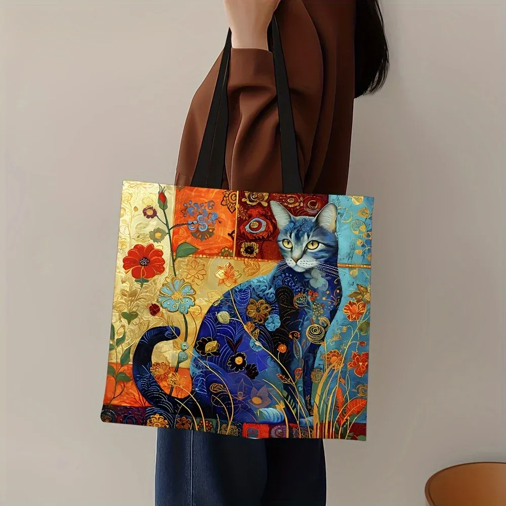 1pc abstrait chat sac fourre-tout mignon peculiar petit animal sac à bandoulière imprimé lin eco sac à main shopping bureau sacs décontractés réutilisables