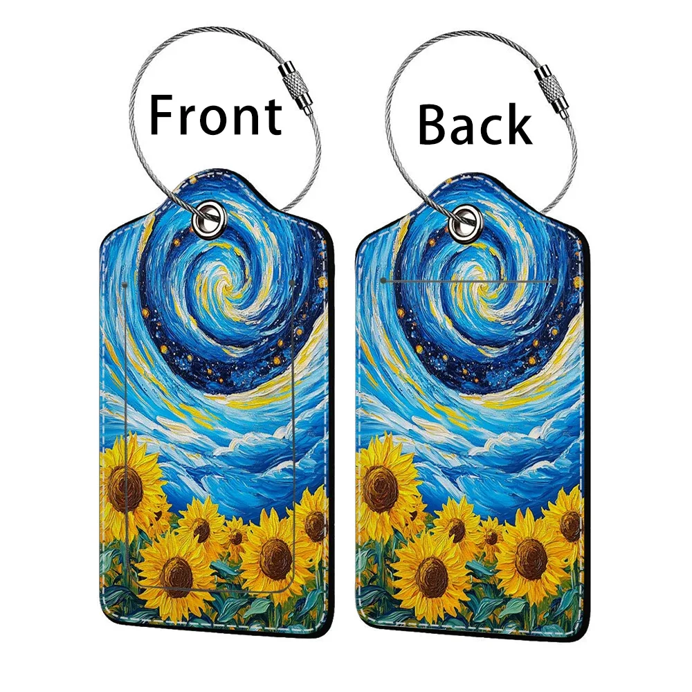 étiquette bagage polyuréthane motif tournesols bleu nuit jaune voyage identification personnelle plaques adresses double cartes bancaires