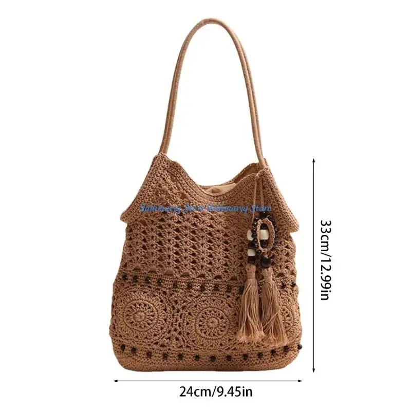 sac voyage polyester coton tricoté beige motifs floraux perles noires bandoulière femme plage activités plein air polyvalent