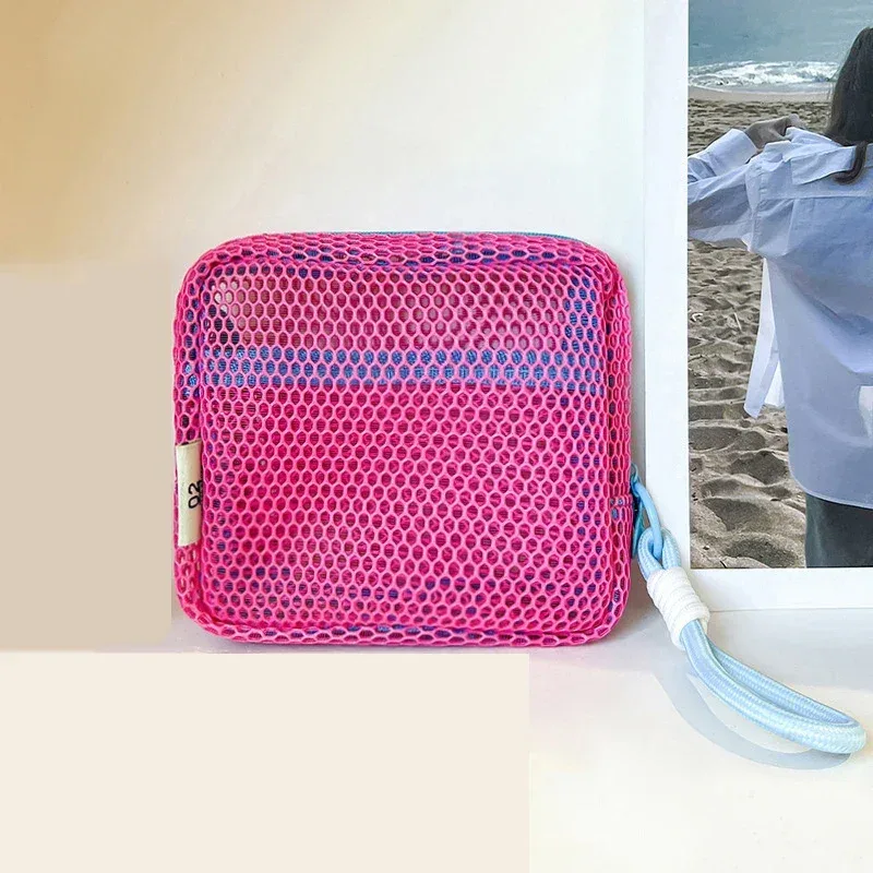 mini pochette en maille dopamine, étui carré coloré pour écouteurs, sac portable pour rouge à lèvres et cosmétiques, organisateur de rangement respirant pour articles de toilette