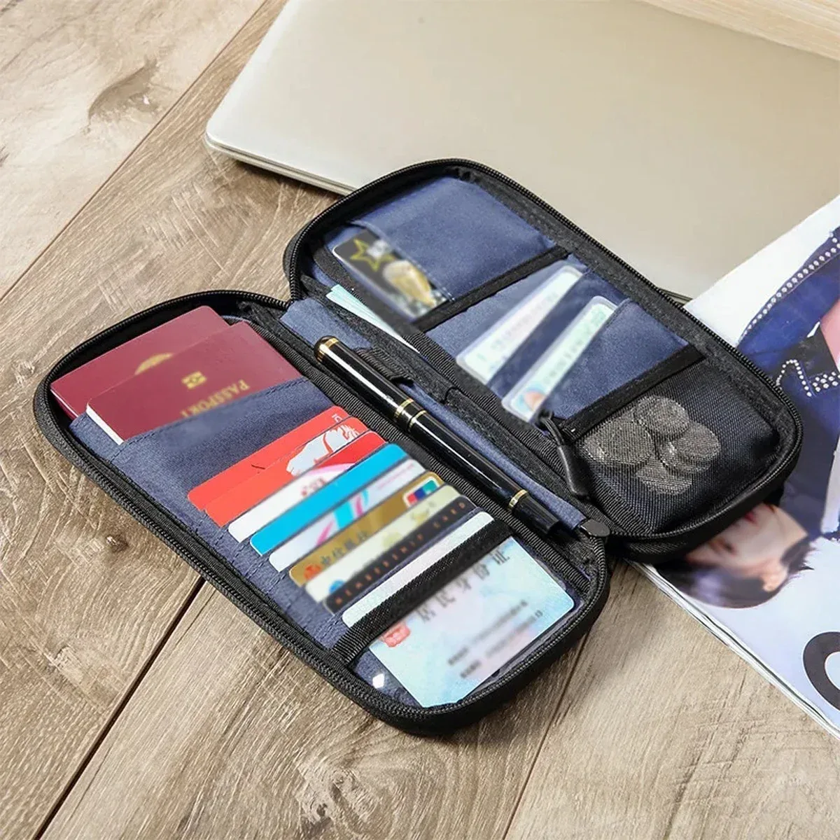 pochette voyage polyester bleu compartiments documents billets cartes porte monnaie bloc rfid organisateur famille transport pratique