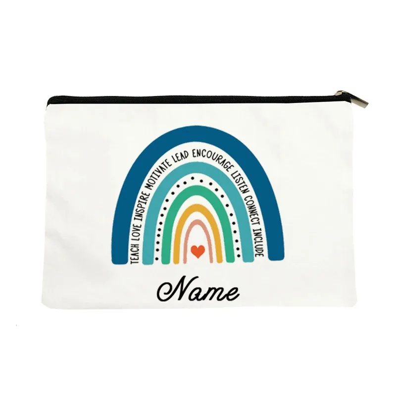 trousse de maquillage bohème arc-en-ciel personnalisée avec nom, trousse de toilette de voyage, cadeau d'anniversaire pour enseignant avec nom personnalisé