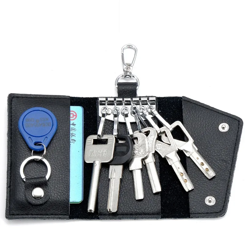 porte-clés en cuir véritable pour hommes et femmes, pochette de rangement, portefeuille de clé de voiture fendu en vache, étui pour clés de femme de ménage, mini sac pour cartes