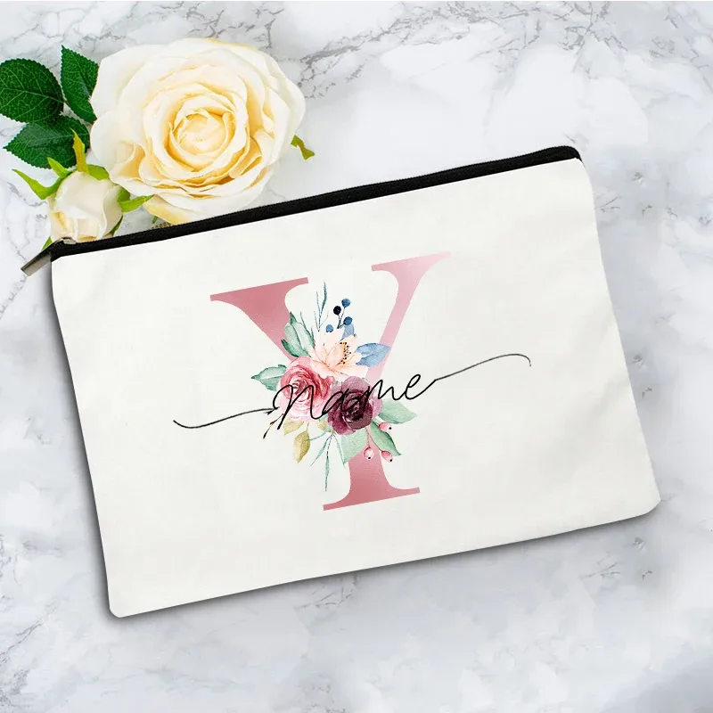 trousse de maquillage personnalisée rose à motifs floraux avec initiale, pochette cosmétique en toile personnalisée, organisateur de voyage pour articles de toilette pour femmes