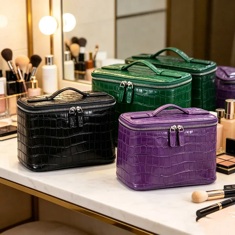 trousse toilette cuir vache violet noir vert motif crocodile multi compartiments fermeture éclair nylon impression voyage femmes