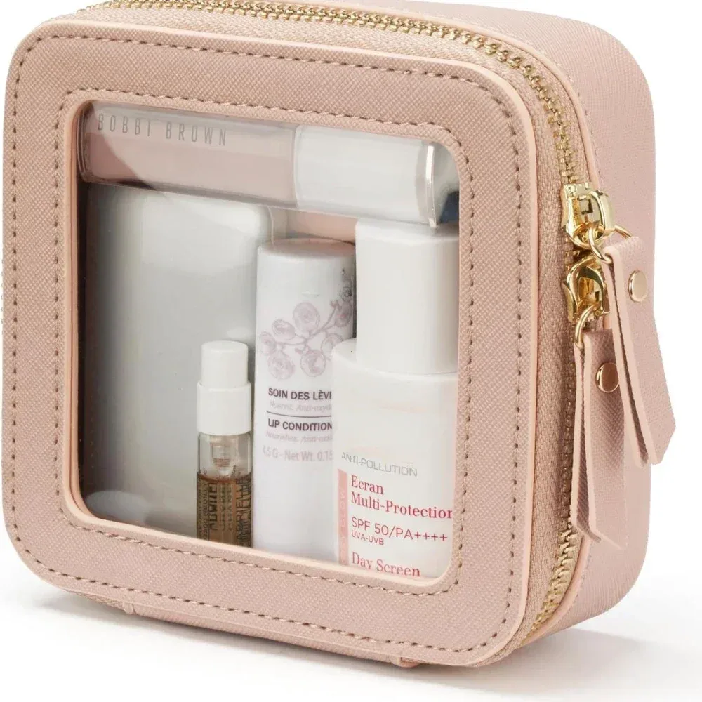 mini trousse de maquillage transparente en faux cuir pu saffiano végétalien, jolie petite fenêtre visible, rangement de rouges à lèvres, étui à cosmétiques pour pochette à main