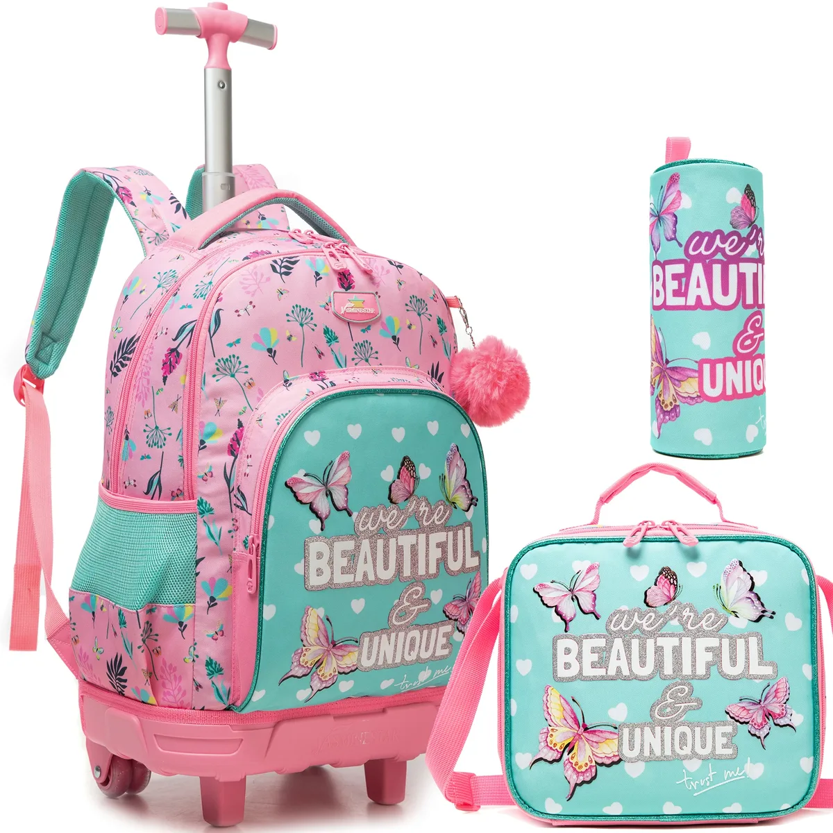 sac dos polyester bleu marine chat rose bicyclette fleurs multicolores grande capacité poche ordinateur portable roues fixes accessoires enfants voyage ecole