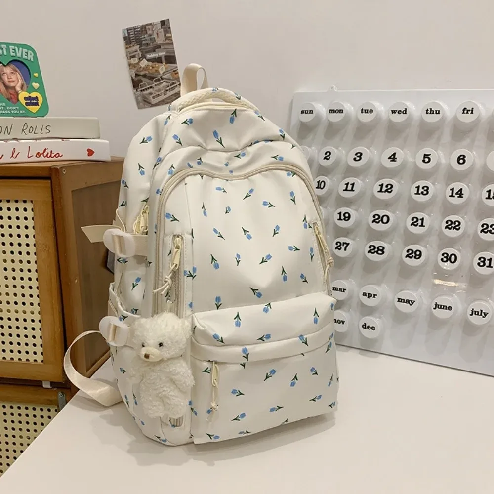 sac d'école en nylon pour étudiants, motif floral, style preppy, sac à dos pour femmes avec pendentif, grande capacité, sac à dos de voyage