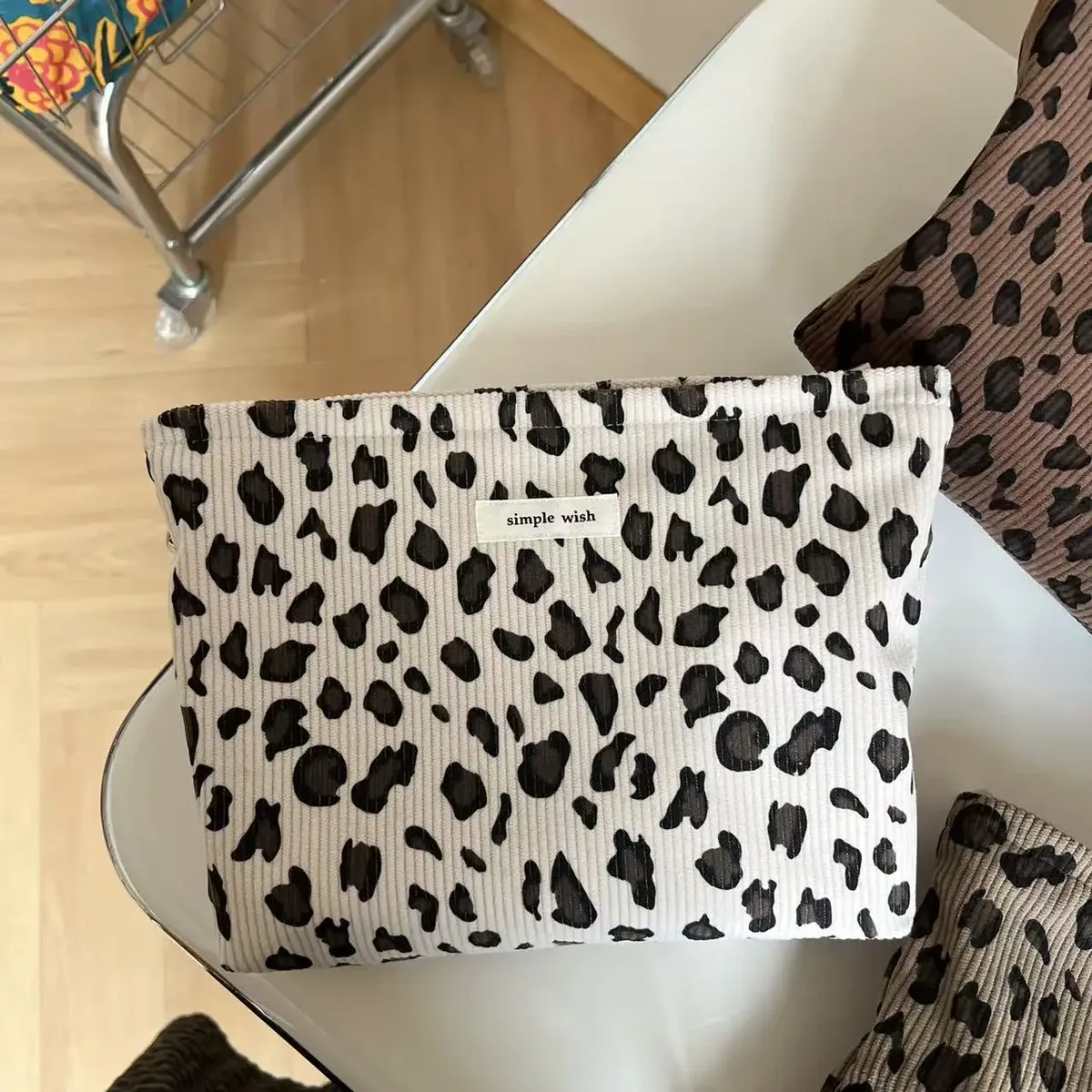 trousse de maquillage rétro en velours côtelé motif léopard, rouge à lèvres, organisateur de cosmétiques, sac à fermeture éclair, sac de lavage et de rangement de voyage pour femmes