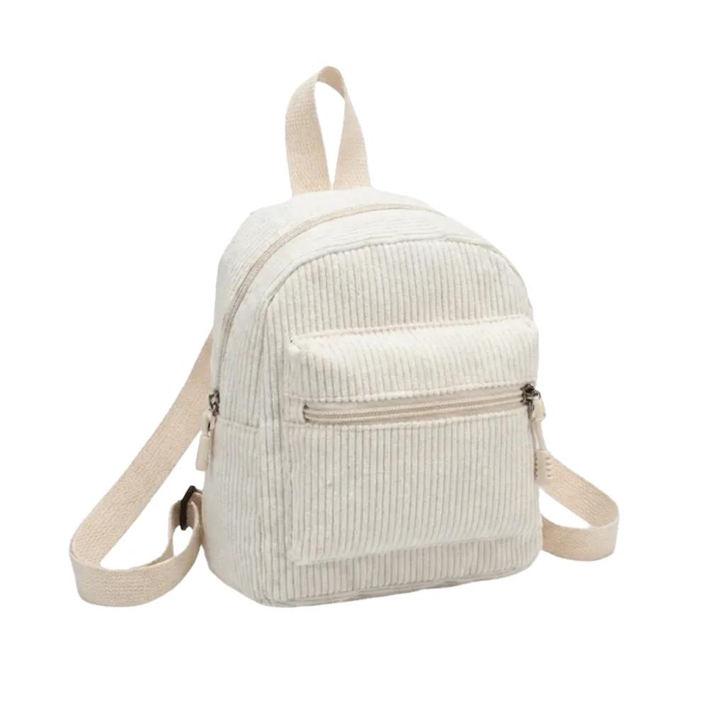 mini sac à dos en velours côtelé de couleur unie, style coréen, léger, avec fermeture éclair, sac à bandoulière double, sac à dos vintage portable pour les voyages quotidiens