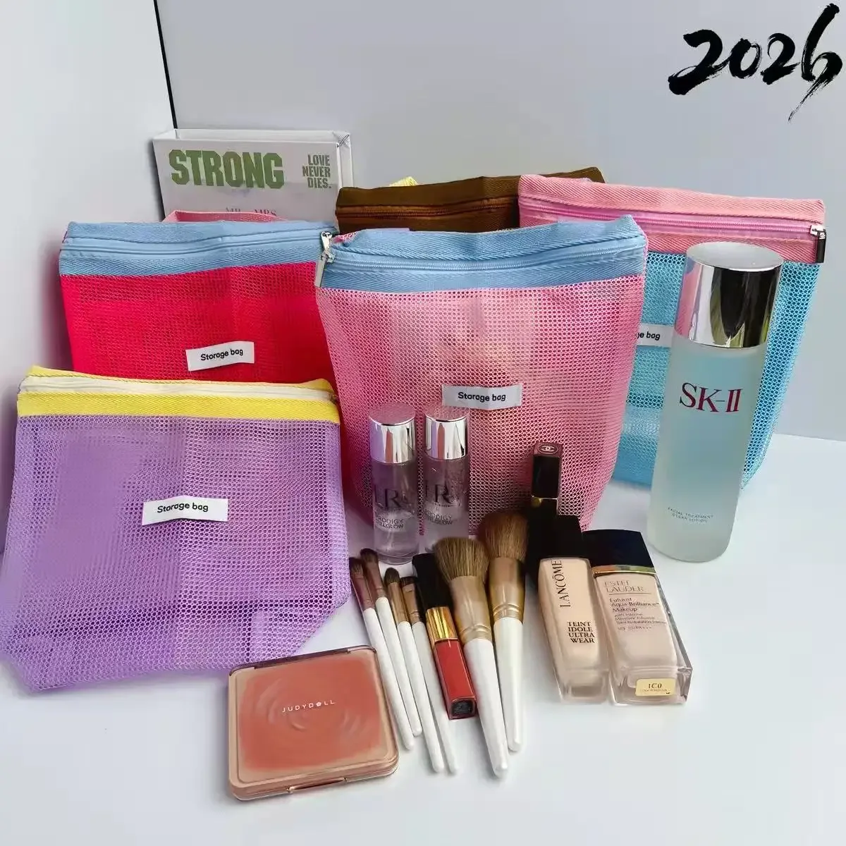 ins style – sac fourre-tout en maille de couleur vive et vibrante, petit sac à cosmétiques, sac à main pliable, trousse de toilette portable, sac de plage pour femmes