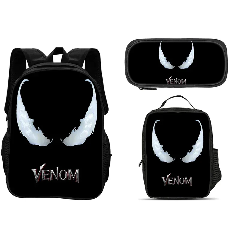 ensemble de 3 pièces du film venom : sac à dos + sac à lunch + trousse à crayons, papeterie de voyage à la mode, cadeau pour enfants, école, polyvalent