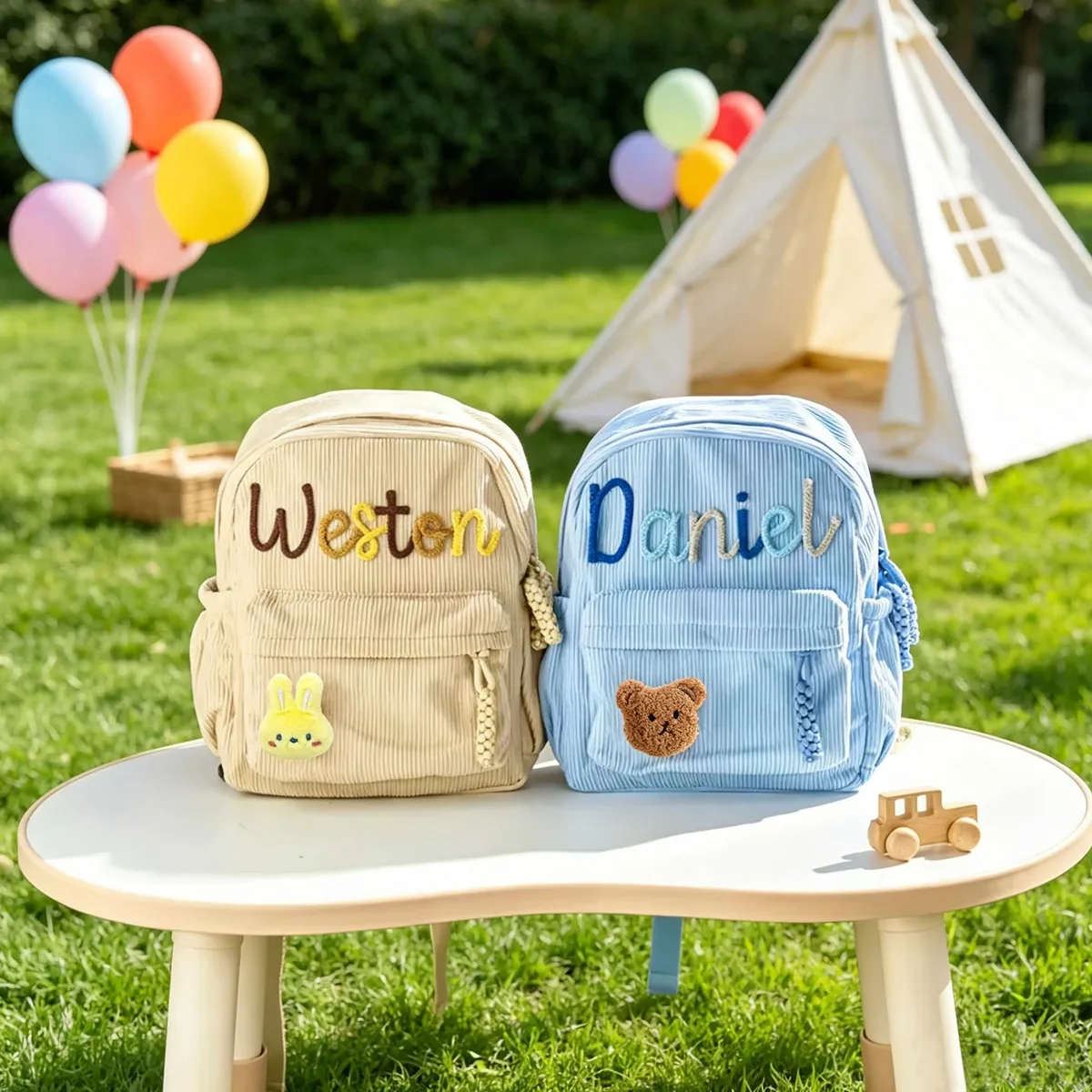 sac à dos en velours côtelé personnalisé 1 pièce, lettres brodées à la main, décorations florales/animales, cadeau idéal.