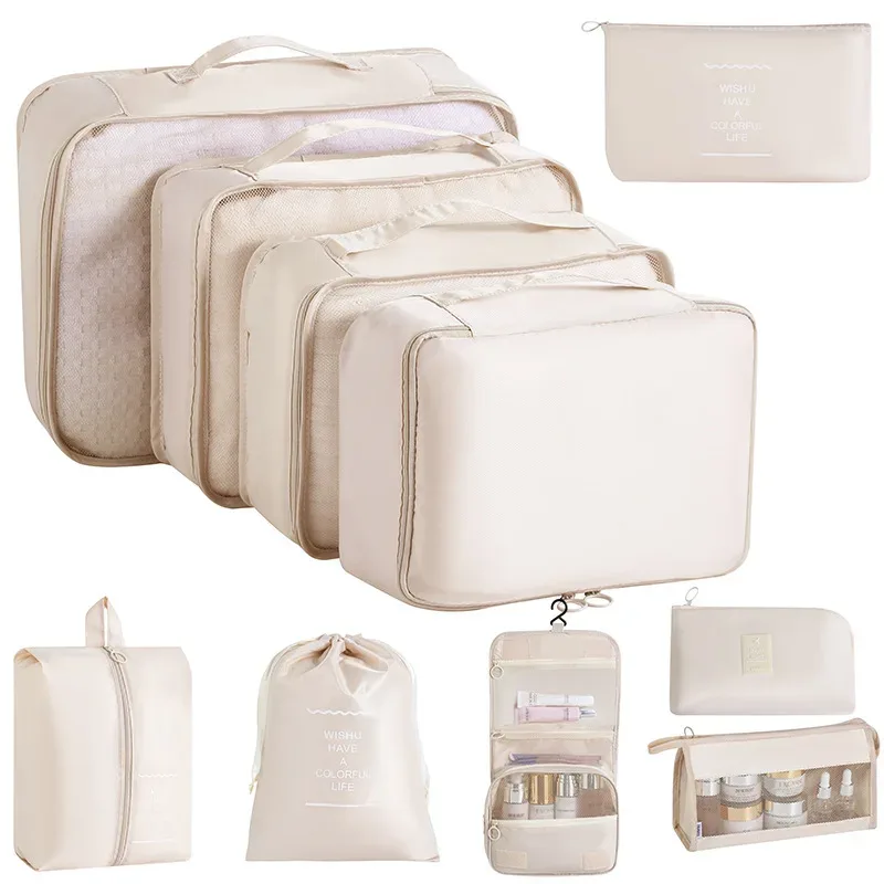 organisateur voyage tissu oxford beige clair grille transparente grande capacité rangement vêtements accessoires transports usage polyvalent domicile travail