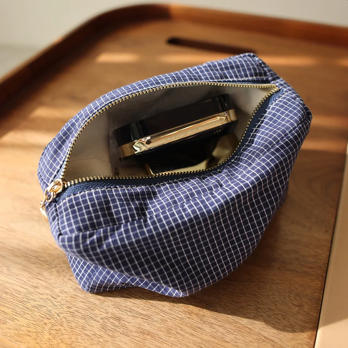 sac à cosmétiques en tissu rayé à carreaux, sac de rangement carré à fermeture éclair en trois dimensions, sac à main de voyage portable, trousse de maquillage