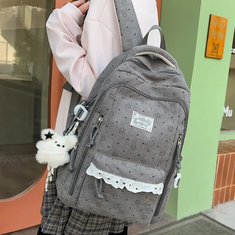 sac à dos d'hiver en velours côtelé, imprimé étoiles coréennes, avec dentelle, mignon, style mori girl, artistique, pour collégiennes