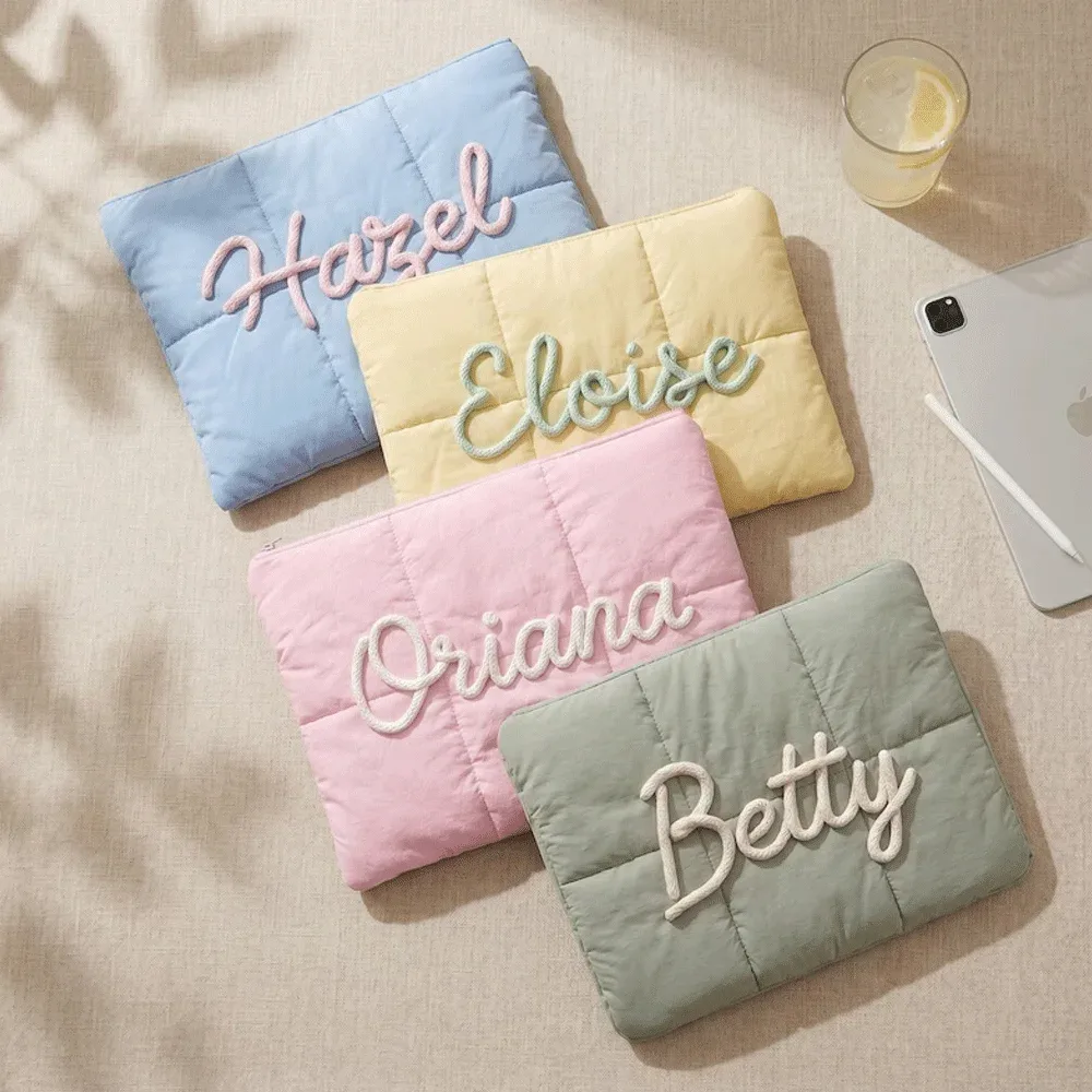 sac pour ordinateur portable personnalisé, étui pour ordinateur portable matelassé avec lettres en chenille personnalisées, housse pour ordinateur portable de 12x16 pouces, cadeau de bureau