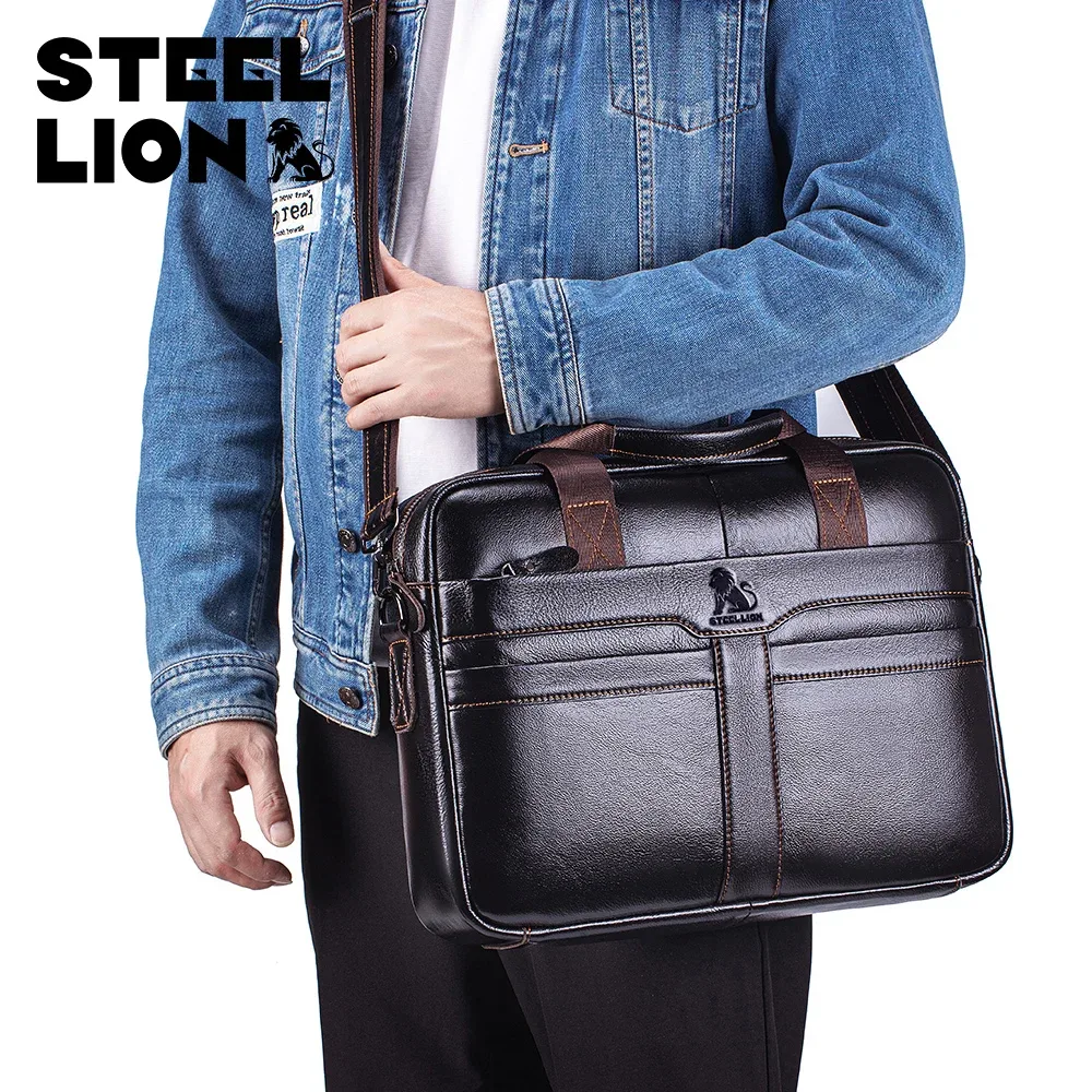 sacoche en cuir pour homme, grande capacité, sac de bureau professionnel, sac pour ordinateur en cuir de vache, peut être porté à la main ou à l'épaule.