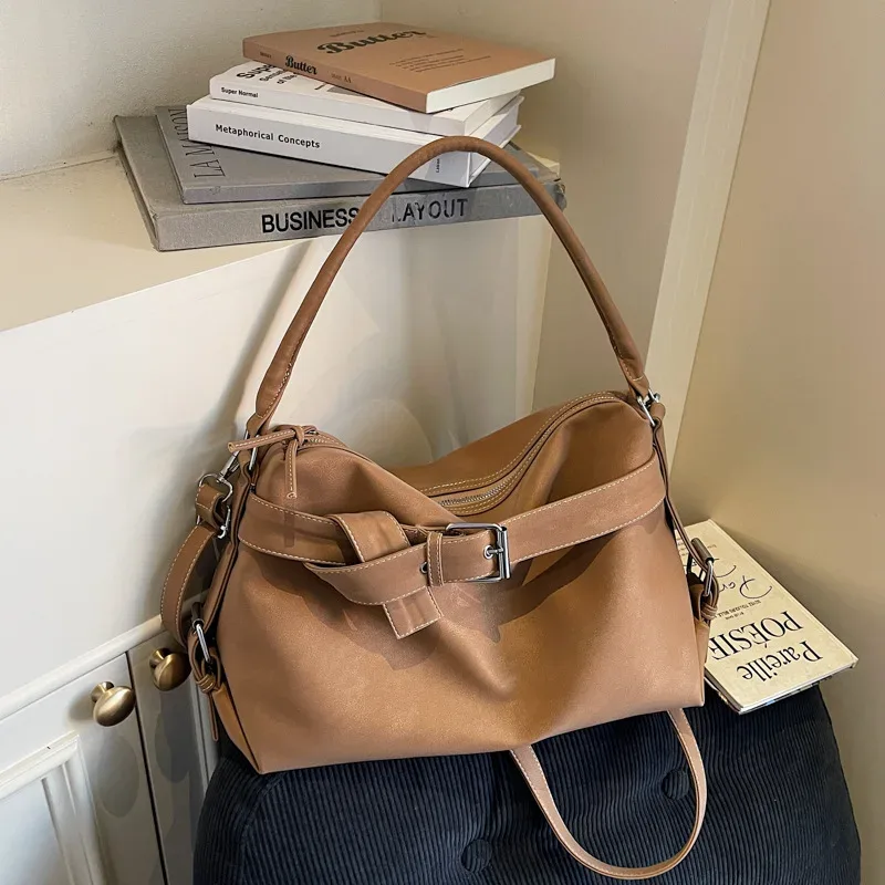 sac fourre-tout en cuir souple de grande capacité, sac à main avec boucle de ceinture, nouveau sac messager à bandoulière rétro pour fille, sac de moto
