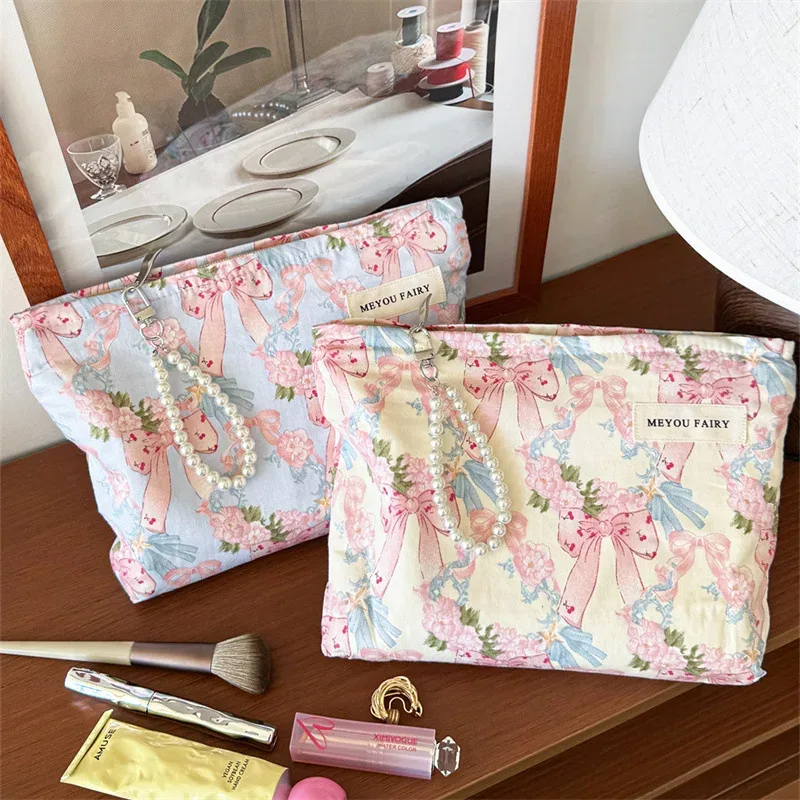 ensemble de 2 trousses de toilette imprimées nœuds, grande et petite, avec chaîne de perles, en tissu, organiseur de maquillage portable pour voyage