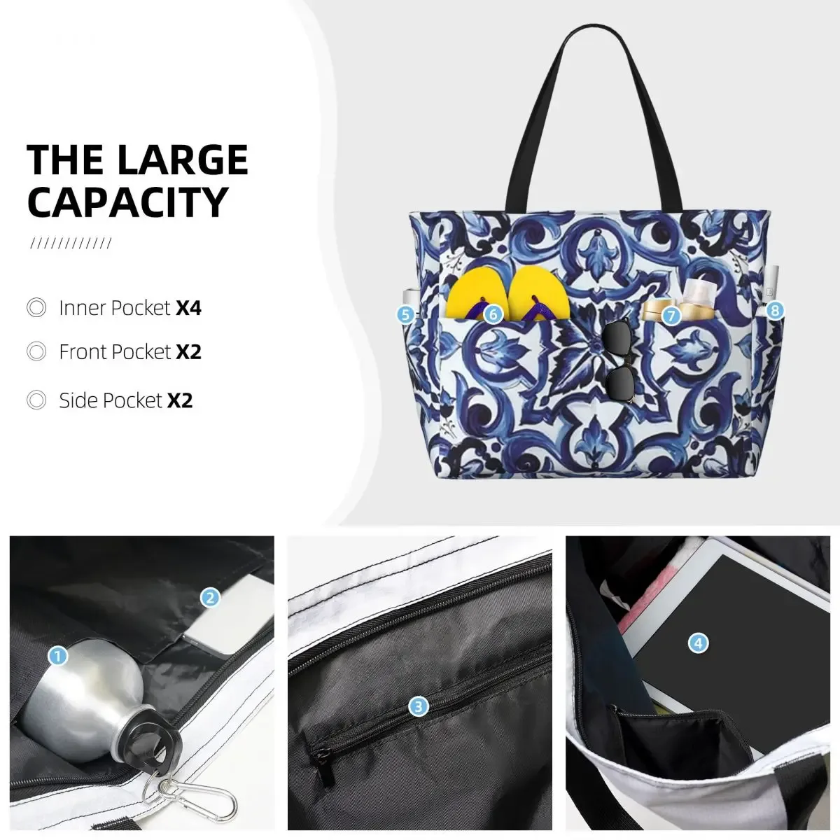 sac fourre-tout bleu orné de motifs floraux, style carreaux siciliens méditerranéens, pour la plage, le sport, la gym, le yoga, grand sac de voyage pour femme, sac de fitness